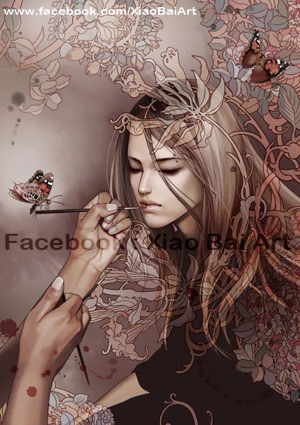 A fantasy-themed illustration of a serene man with long hair surrounded by intricate floral patterns and butterflies, with a hand gently touching his face.