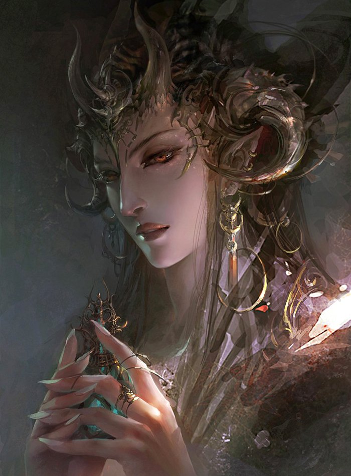 A dark fantasy character with intricate horns and striking features, adorned in ornate jewelry, exudes an air of mystery and power in a shadowy atmosphere.