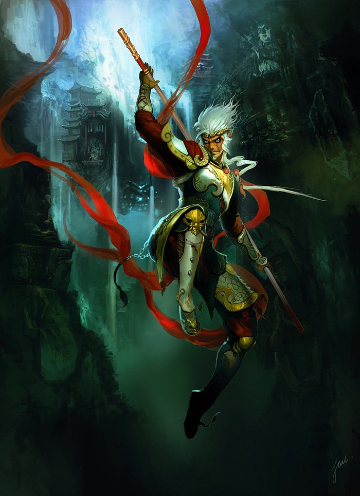 Dynamic fantasy warrior with white hair and ornate armor, leaping through misty temple ruins, red ribbons trailing as he wields a spear-like polearm.
