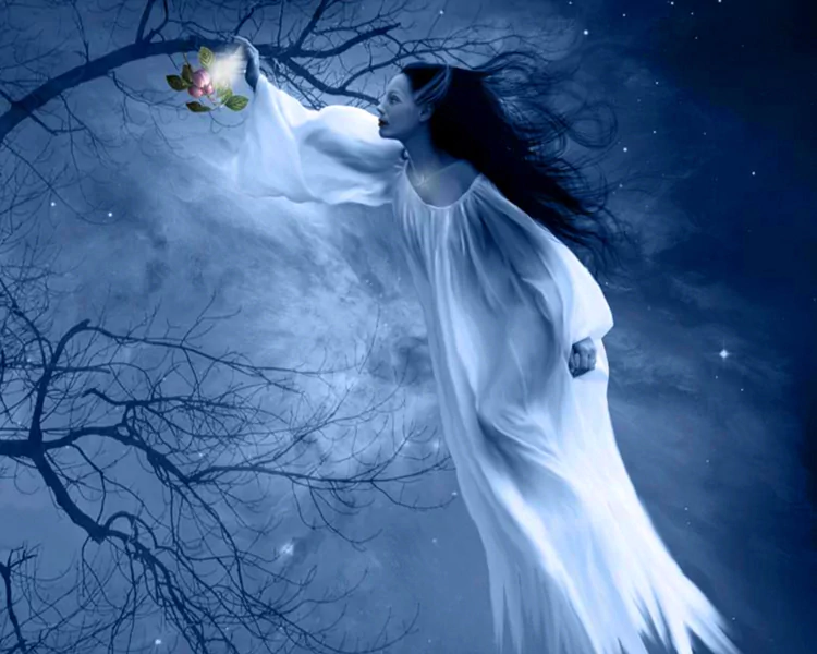 A dark, gothic scene featuring a flowing figure in a white gown reaching toward a glowing bouquet amidst a starry, ethereal backdrop. The atmosphere is mystical and haunting.