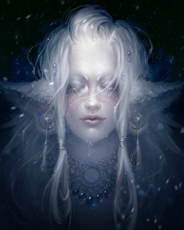 A serene elfin figure with ethereal features and long, flowing white hair. Adorned with intricate jewelry, their expression evokes a sense of mystery and enchantment.