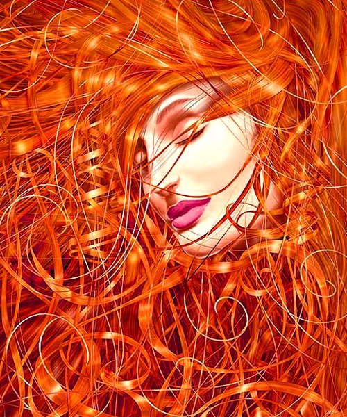 A fantasy-themed illustration of a woman with vibrant, flowing orange hair, her eyes closed and lips slightly parted, surrounded by intricate strands of hair that evoke a dreamlike quality.