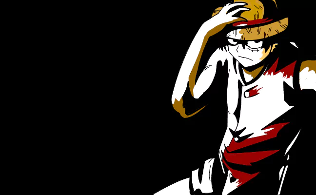 An illustration featuring a character styled in anime, inspired by *One Piece*. The character has a straw hat and is depicted in a dramatic pose against a black background.