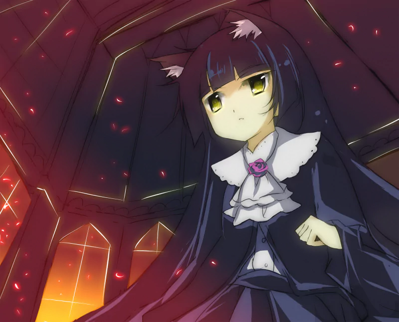 Anime image from Tsukuyomi: Moon Phase — a pale, cat-eared girl in gothic dress holds an umbrella inside a warm, sunset-lit cathedral.