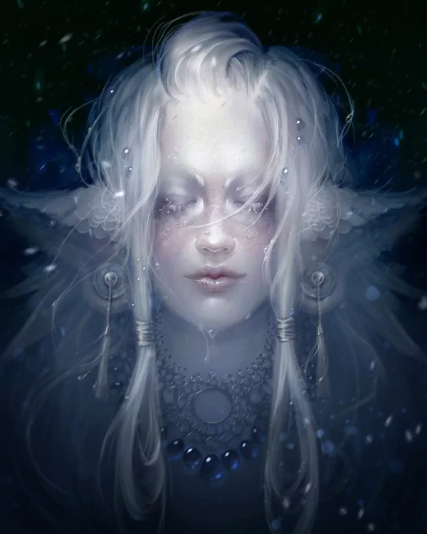A serene elfin figure with ethereal features and long, flowing white hair. Adorned with intricate jewelry, their expression evokes a sense of mystery and enchantment.