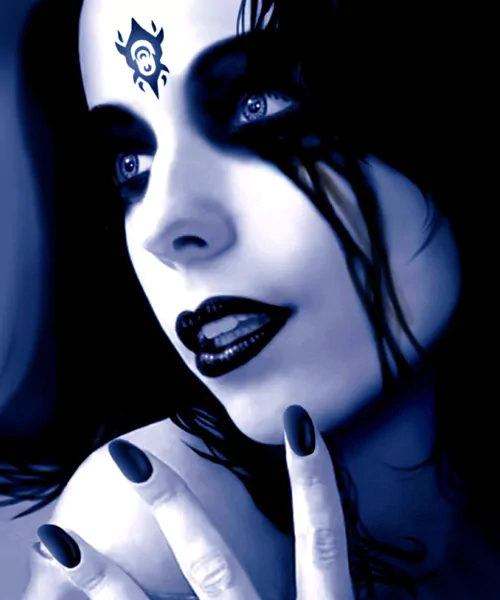 A fantasy-themed image of a woman with striking blue tones, dramatic makeup featuring intricate designs, and an expressive gaze that evokes a mystical atmosphere.