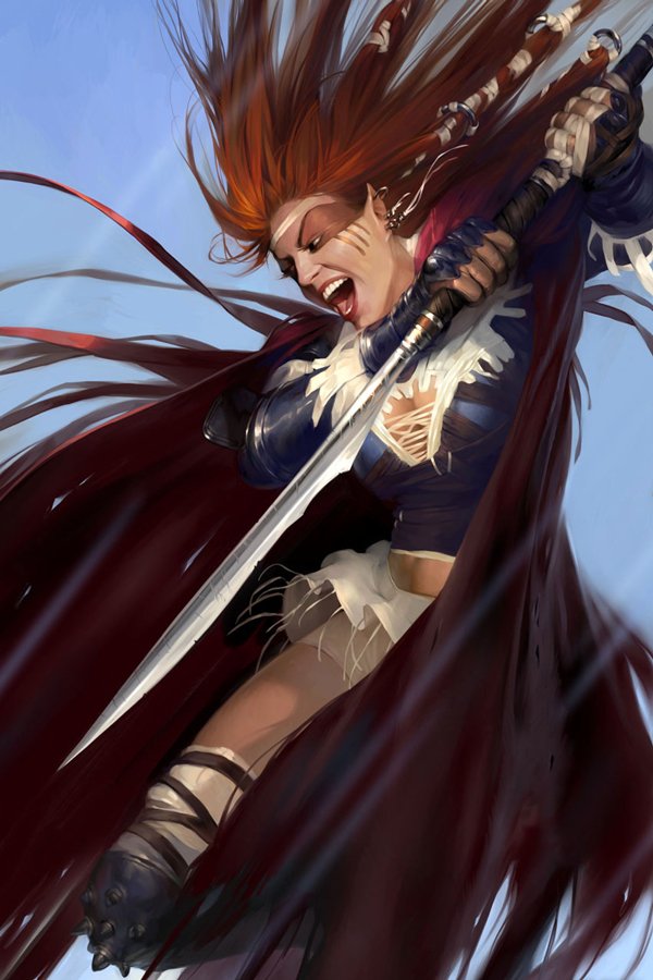 A fierce fantasy woman with flowing red hair and tribal markings wields a sword mid-leap, her intense expression capturing the heat of battle.