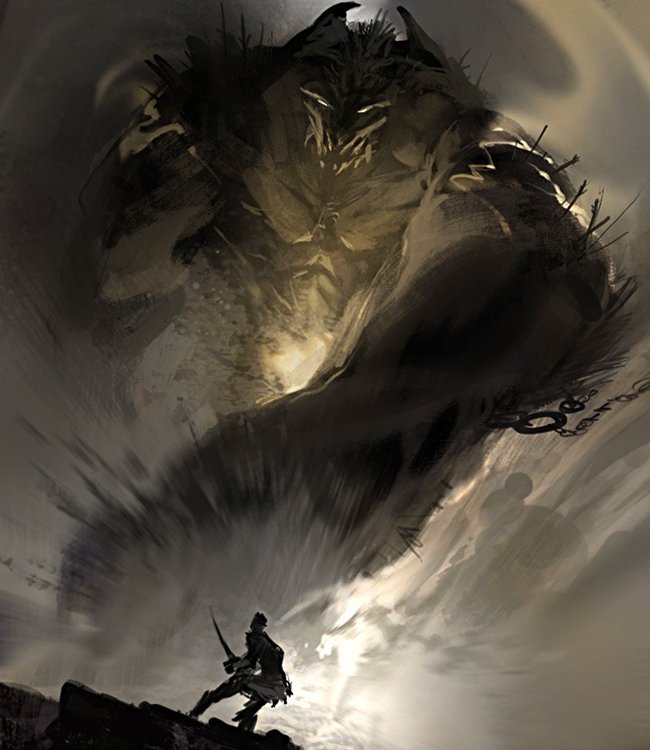 A lone warrior confronts a towering, shadowy beast in a dark fantasy scene filled with swirling mist and ominous atmosphere.