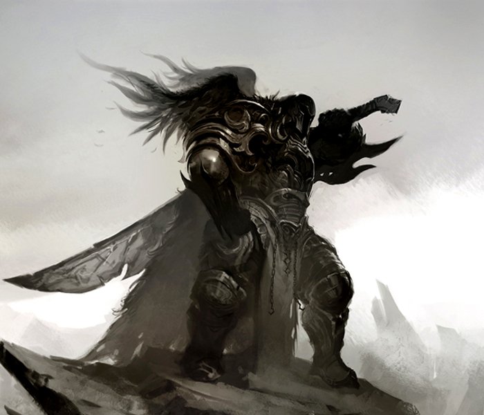 A dark fantasy warrior clad in intricate armor stands on a rocky outcrop, wielding a large weapon with flowing tattered cape and fierce presence.