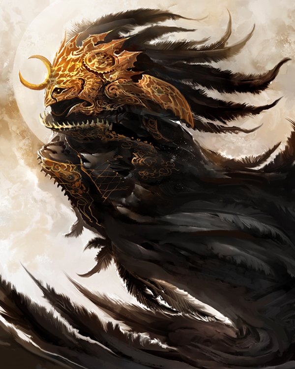 A dark, majestic fantasy creature with intricate golden armor and flowing black feathers stands against a mystical glowing moon, radiating an aura of powerful magic.