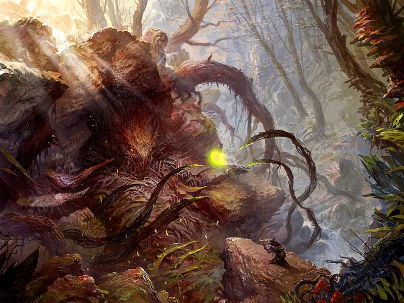 A colossal, rocky creature emerges from a mystical forest, glowing with magical energy under filtered sunlight in a fantasy landscape.