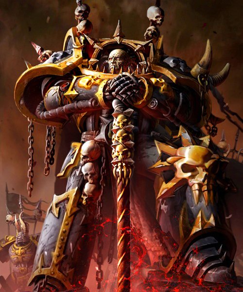A heavily armored Warhammer warrior clad in dark gold and black armor, holding a large, ornate staff with skull motifs, set against a fiery, smoky background.