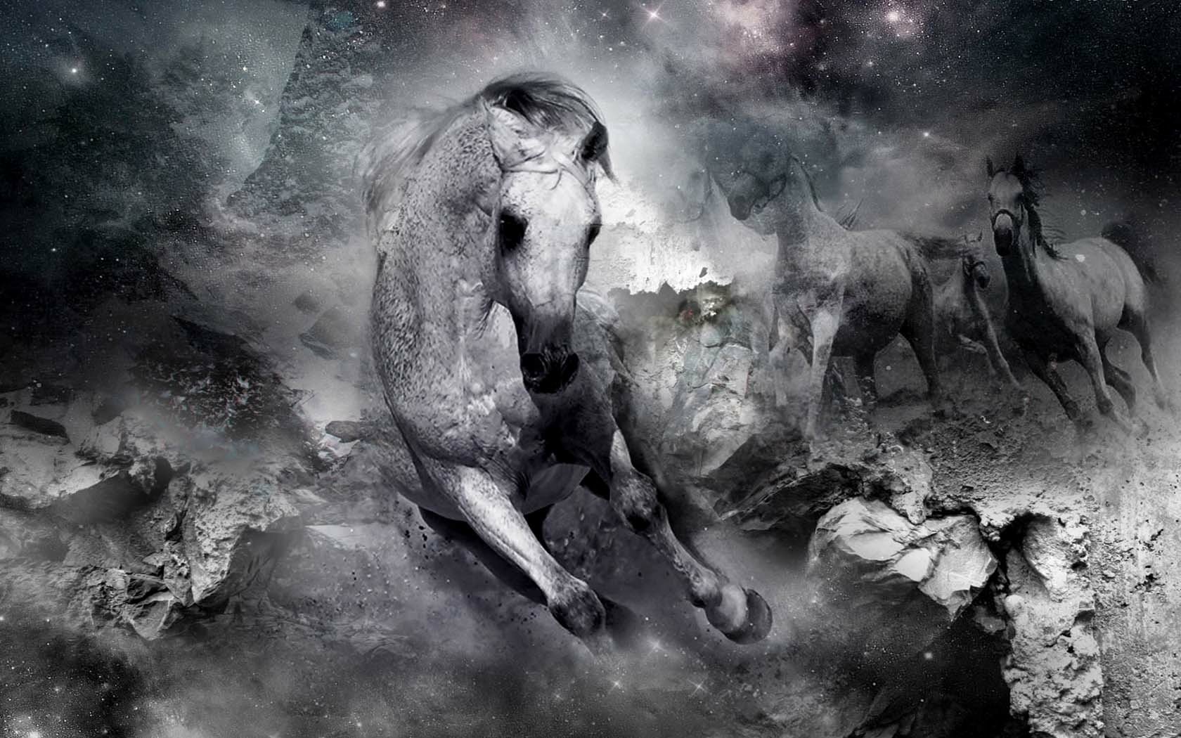 A majestic white horse leaps amid a surreal, smoky landscape, surrounded by ethereal swirls and shadows of other horses, evoking a sense of mystery and beauty in the animal kingdom.