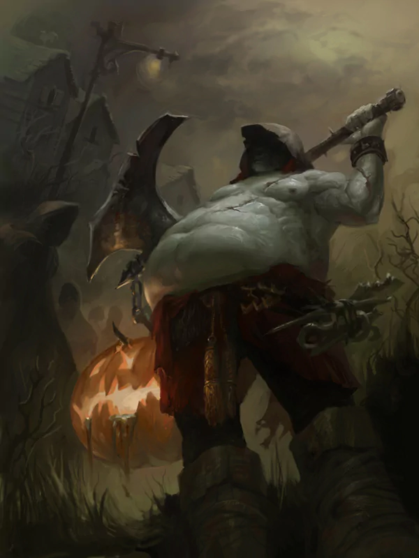 A dark fantasy scene depicting a menacing, hooded giant wielding a large axe, standing in a gloomy, eerie landscape with a glowing jack-o'-lantern and twisted trees.