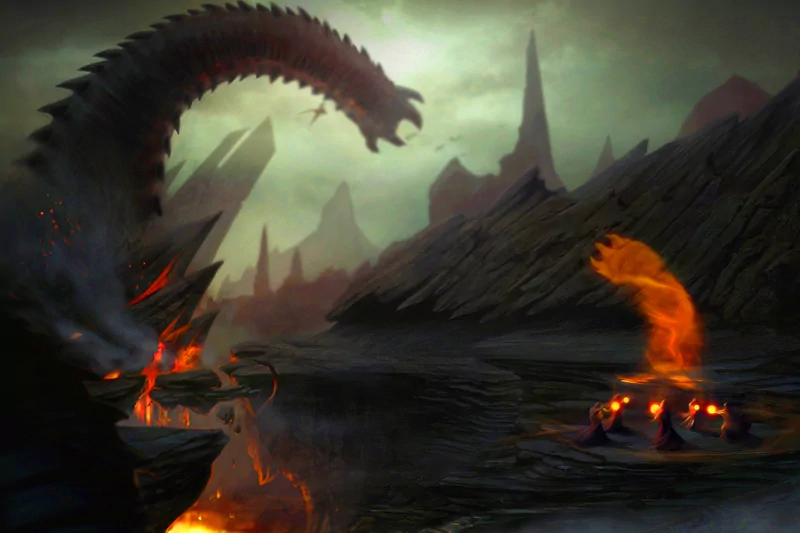 A dark, jagged landscape under a greenish sky, featuring a large serpent-like creature and a glowing orange magical flame hovering above a stone circle.