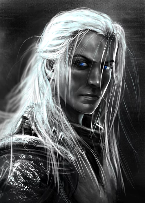 A striking fantasy warrior with long white hair and piercing blue eyes gazes intensely, showcasing a powerful presence against a dark, atmospheric backdrop.