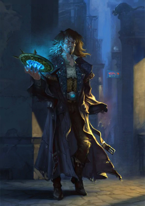 A fantasy wizard stands in a dimly lit, mystical alley, holding a glowing blue magical artifact, with long flowing hair and a dark, detailed robe.