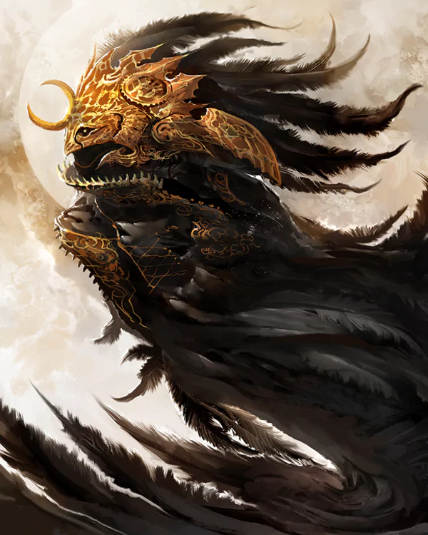 A dark, majestic fantasy creature with intricate golden armor and flowing black feathers stands against a mystical glowing moon, radiating an aura of powerful magic.