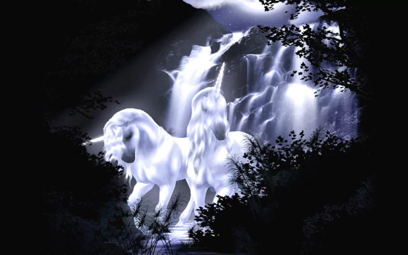 A glowing fantasy unicorn stands beside a shimmering waterfall, framed by dark foliage in a mystical nighttime forest.