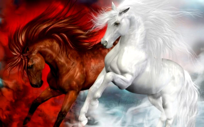 A fiery red horse and an icy white horse clash in a fantastical landscape, embodying the elements of fire and ice in a captivating display of power and grace.