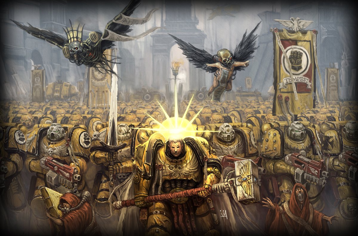 Warhammer video game scene: golden-armored Space Marines advance through a ruined city, led by a radiant commander with banners and flying servo-drones overhead.