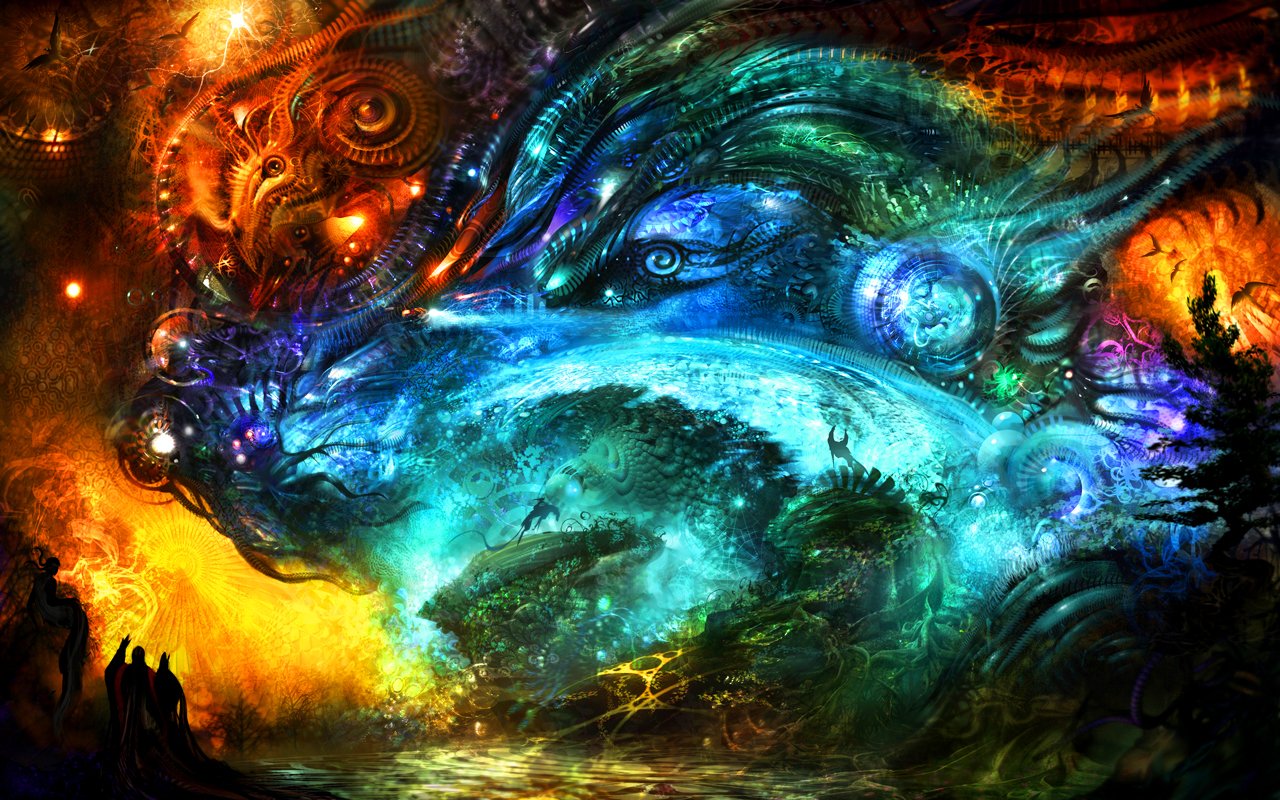 A vibrant abstract artwork featuring swirling colors and forms, depicting a mystical landscape with otherworldly creatures and figures against a dramatic backdrop.