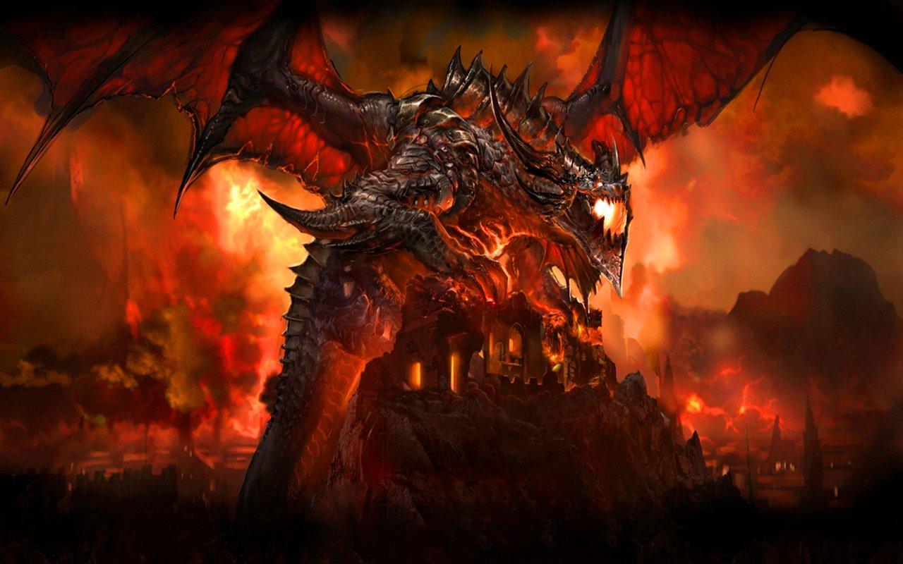 A fierce dragon looms over a burning landscape, embodying the epic fantasy of the Warcraft video game series, highlighting its intense battles and mythical creatures.