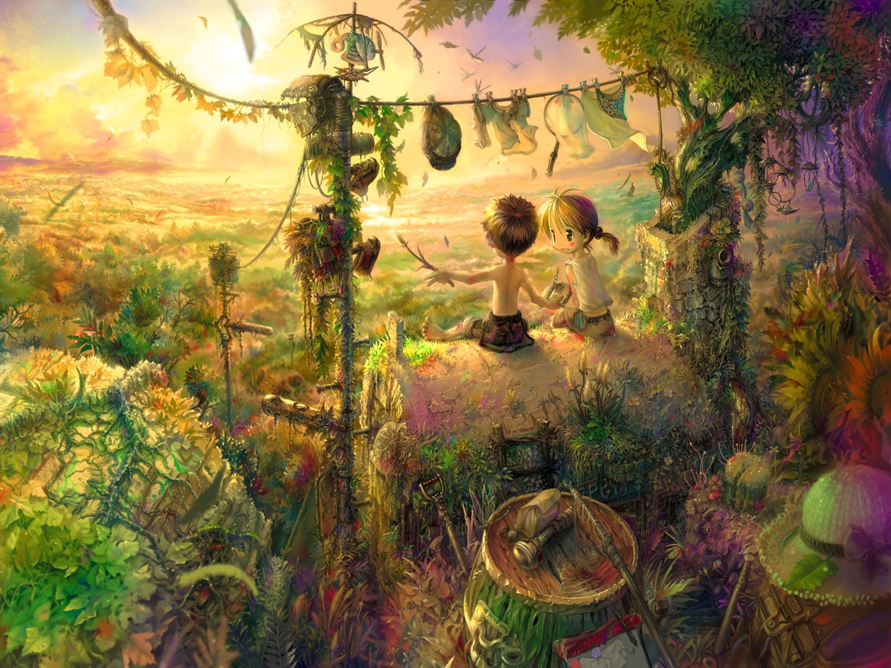 Two children sit on a lush, vibrant cliff, surrounded by an array of colorful plants and flowers, gazing at a breathtaking sunset in this enchanting anime-inspired nature scene.
