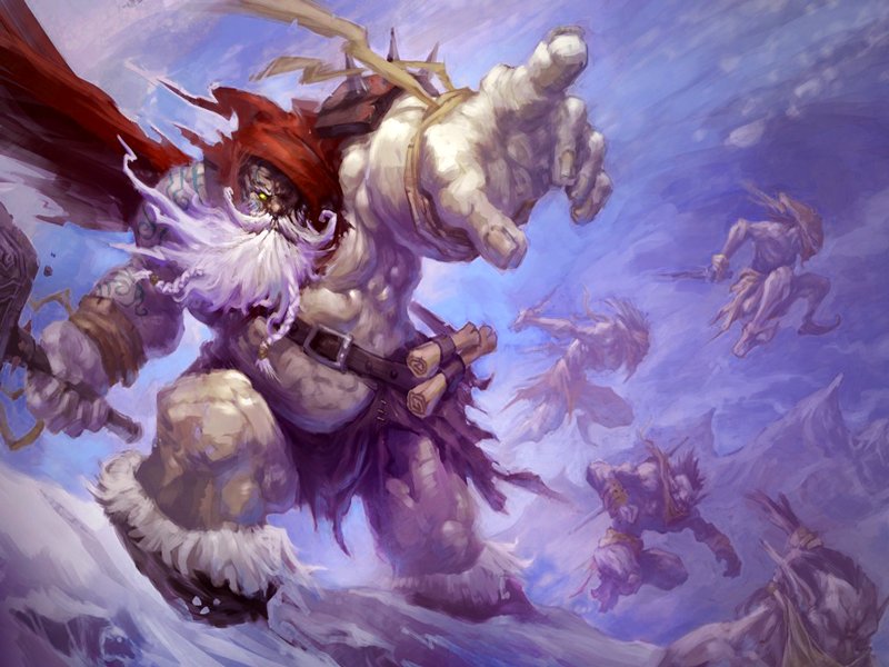 A powerful, fantastical Santa Claus stands in a snowy landscape, gesturing dramatically, with a fierce expression and rugged attire, evoking a mythical winter adventure.