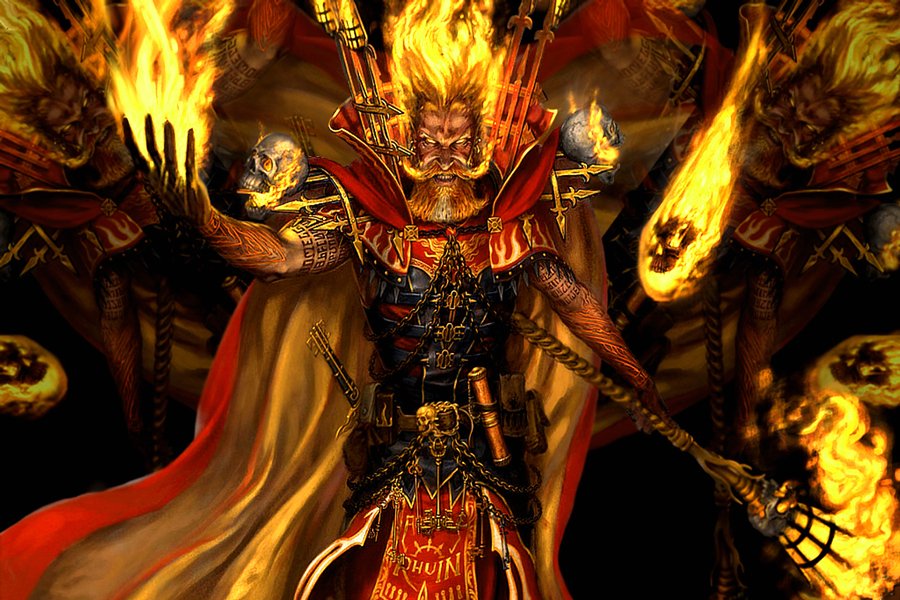 A fiery, armored sorcerer unleashing magical flames, surrounded by burning skulls, in a dark, intense Warhammer video game scene.