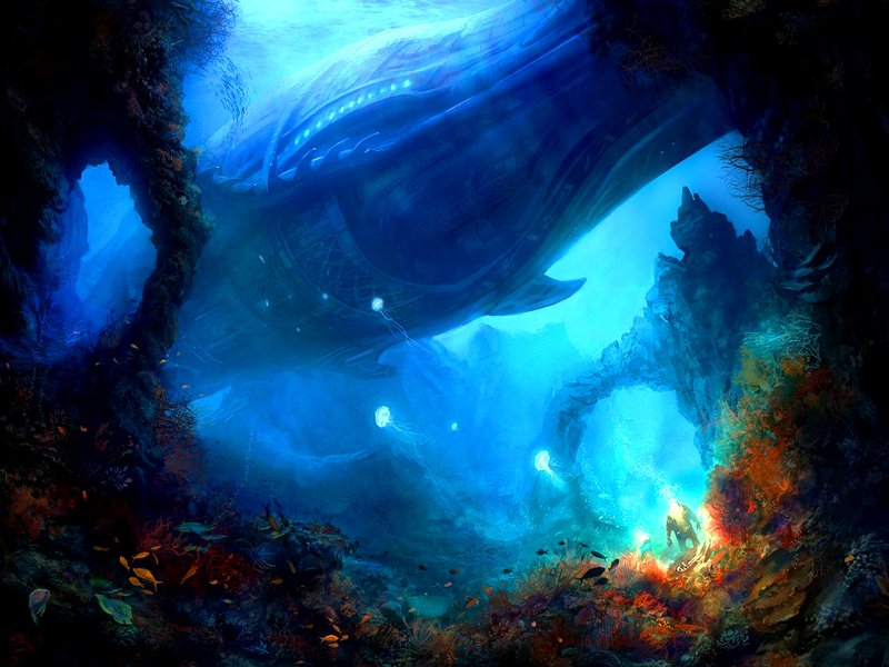 A massive fantasy whale glides through an enchanted underwater cave, illuminated by glowing coral and mysterious figures exploring the scene.