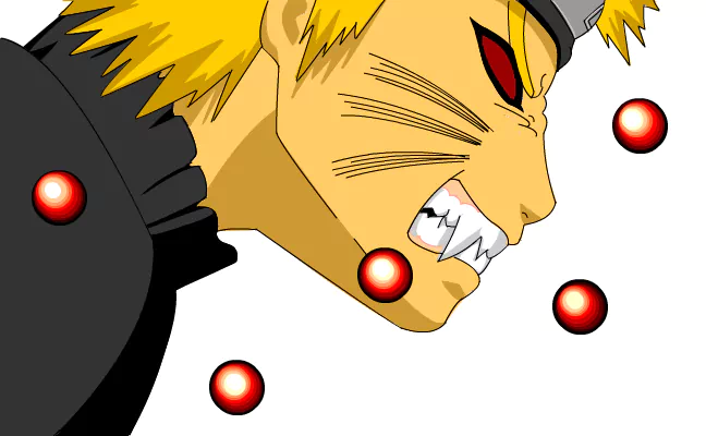 A dynamic illustration of a Naruto character with spiky yellow hair, fierce expression, and red eyes, surrounded by glowing orbs, showcasing intense energy and emotion.