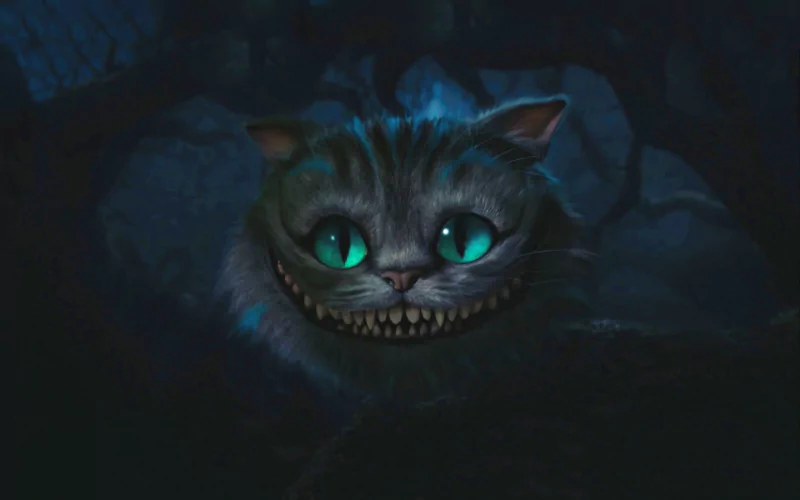 A mysterious, grinning cat with glowing turquoise eyes peeks from the shadows, embodying the essence of fantasy and intrigue in a captivating story scene.