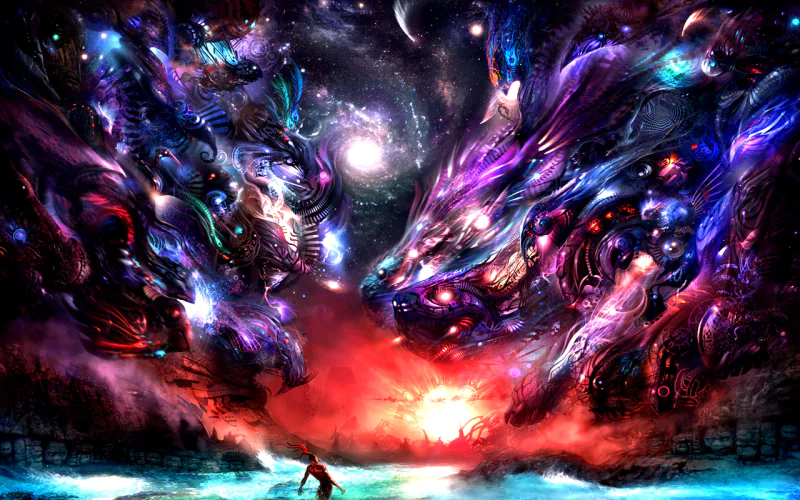 An abstract artistic depiction of a figure standing against a vibrant cosmic landscape, filled with swirling colors, celestial bodies, and a dramatic interplay of light and shadow.