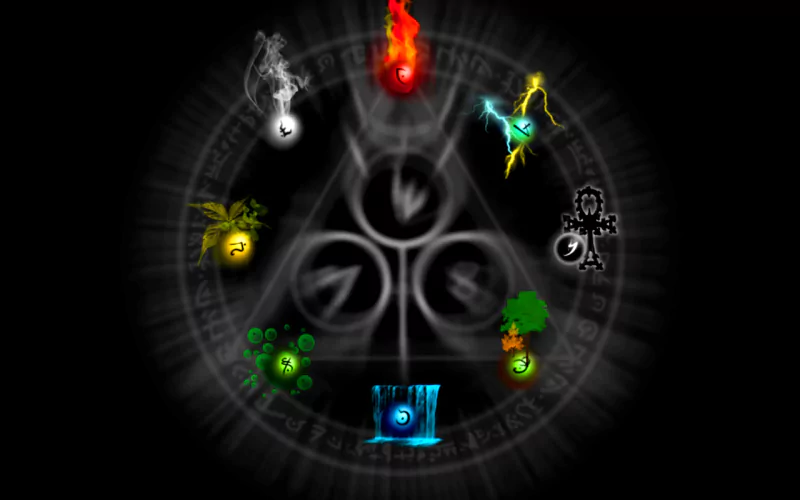 A stylized graphic featuring elemental symbols—fire, water, earth, air, and more—arranged in a circular design, reflecting themes from a video game centered on elemental powers.