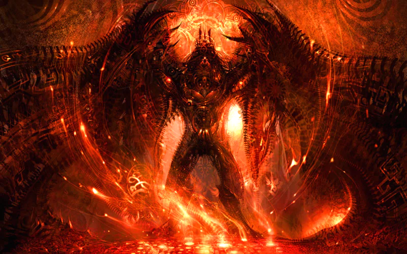 A fiery, demonic figure with horns and glowing eyes stands amidst flames, capturing the dark, intense atmosphere of a Warhammer video game scene.