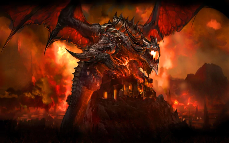 A fierce dragon looms over a burning landscape, embodying the epic fantasy of the Warcraft video game series, highlighting its intense battles and mythical creatures.