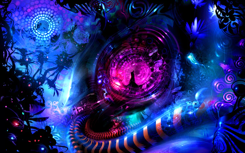 An abstract artistic composition featuring vibrant colors and swirling patterns, evoking a sense of depth and movement amidst intricate floral and geometric elements.