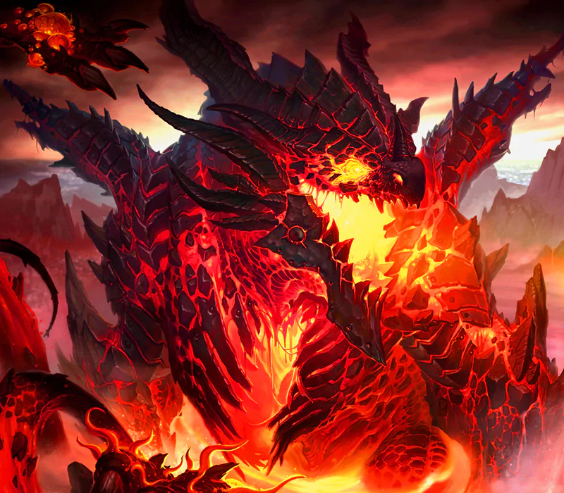 A fierce dragon with scales of molten lava and fiery eyes emerges from a volcanic landscape, embodying the essence of fantasy and fire in an epic scene.