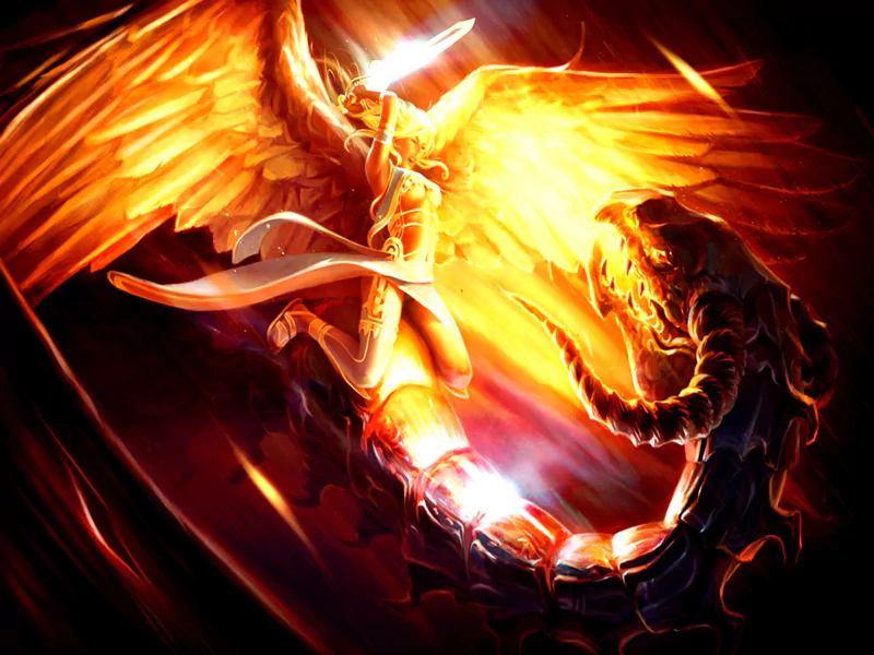 A fierce angel with radiant golden wings wields a spear, confronting a menacing scorpion, in a dramatic fantasy scene filled with vibrant colors and dynamic energy.