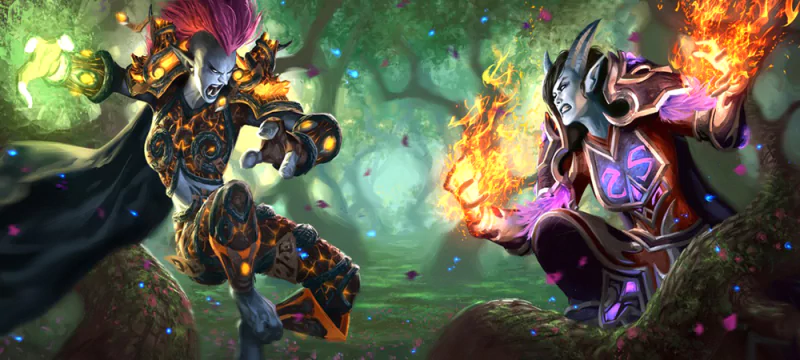 Two fantastical characters from the Warcraft video game face off in a magical forest, one wielding fiery powers and the other glowing with green energy.