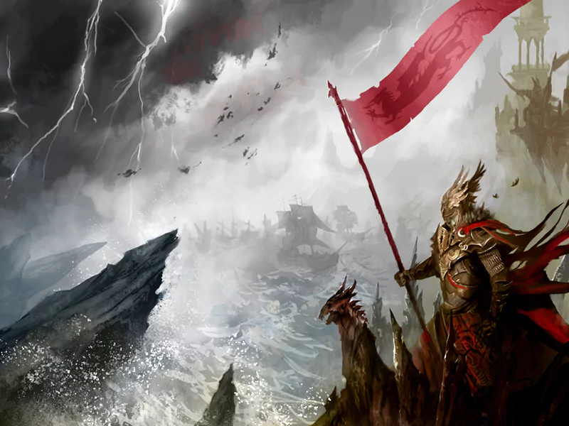 A fantasy warrior in ornate armor stands on a rocky cliff, holding a red flag, overlooking a stormy sea with lightning and a distant fortress.