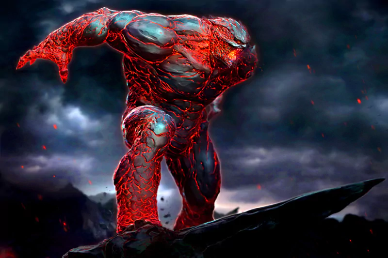 A powerful elemental figure emerges from a dark, stormy background, its glowing red and blue form suggesting strength and energy in a fantastical setting.