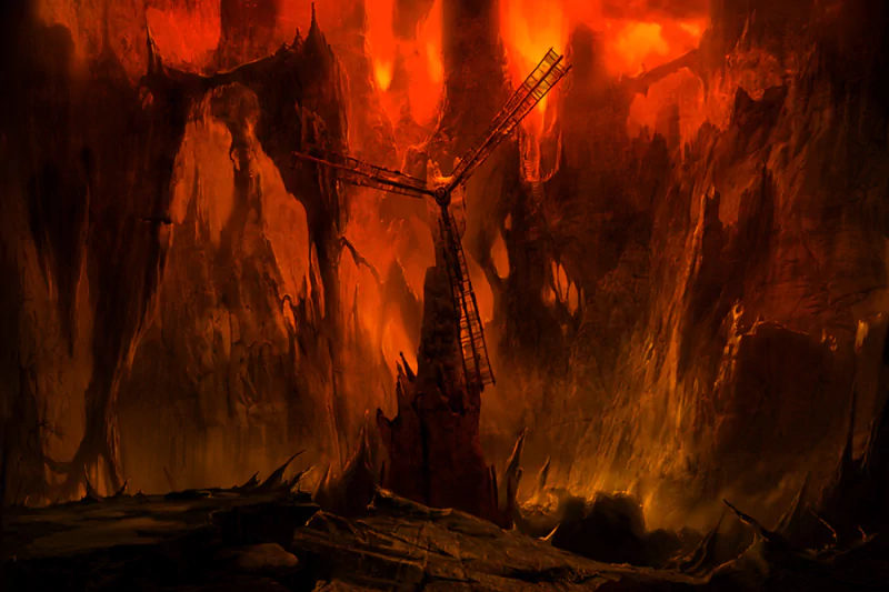 A dark landscape featuring a haunting, fiery background with jagged formations and a lone windmill silhouette, evoking a sense of eerie desolation.