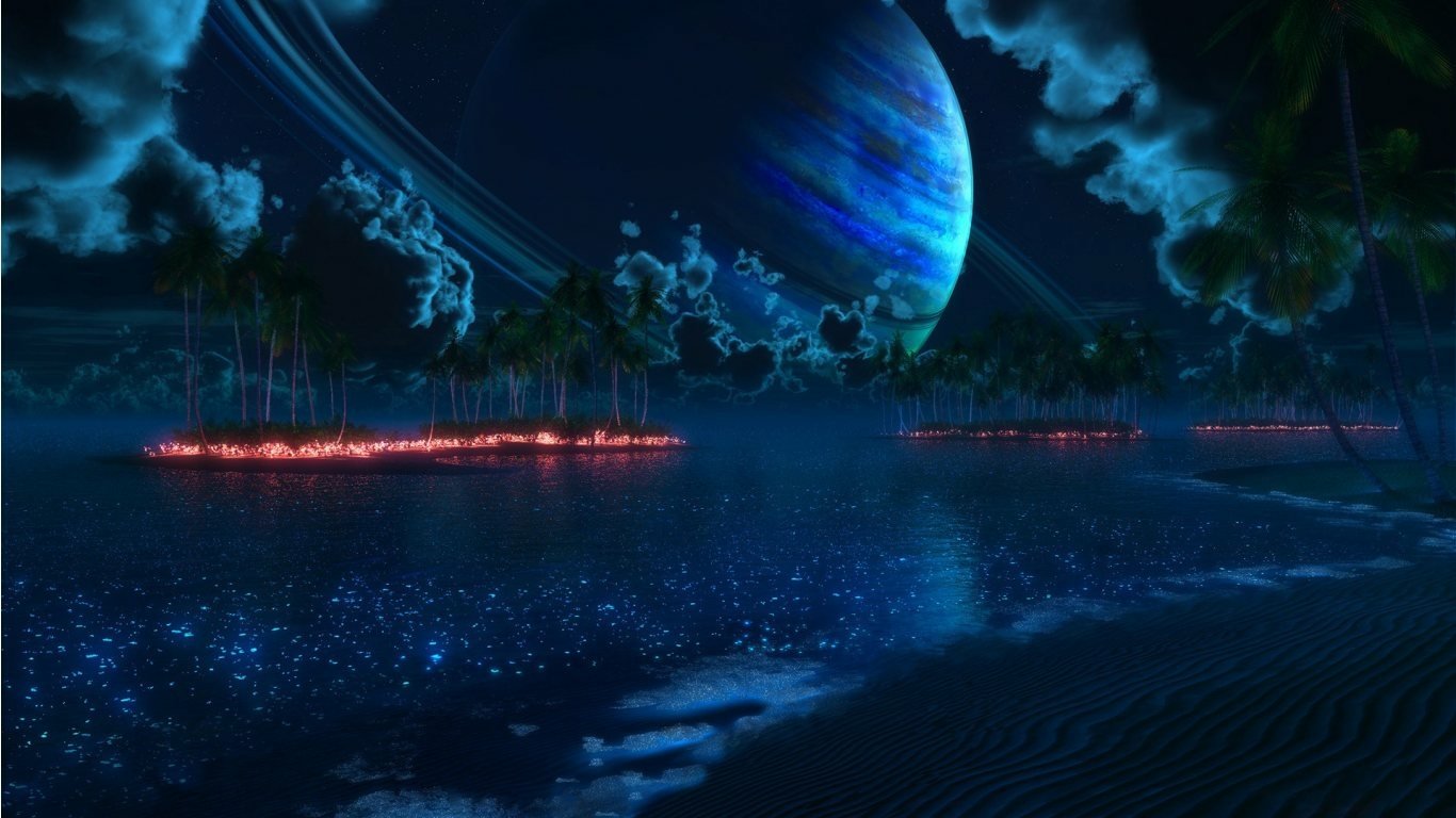 Digital sci-fi scene depicting a glowing alien landscape under a giant ringed planet with vibrant blue hues and reflective water.