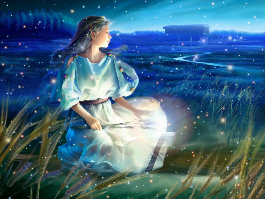 Artistic depiction of a woman in a flowing dress sitting in a glowing field under a starry night sky, evoking mystical zodiac themes.