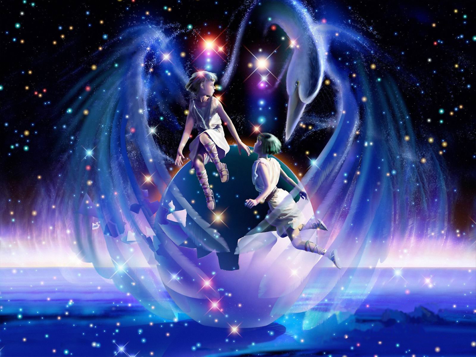 An artistic representation of zodiac themes, depicting two figures surrounded by swirling cosmic elements and vibrant stars in a celestial landscape.