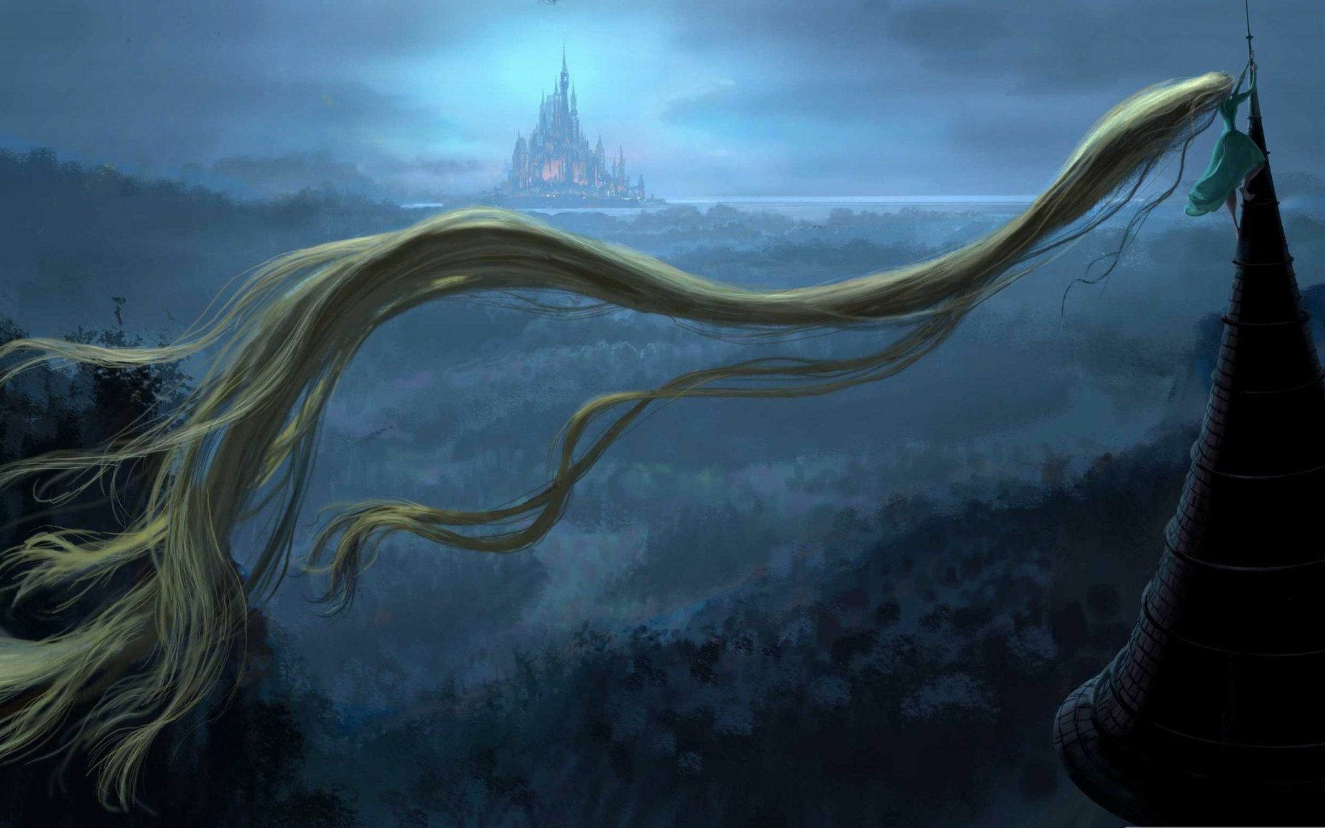 A fantasy scene depicting long, flowing hair extending from a tower window toward a distant, glowing castle amidst a misty, dark forest in a storybook setting.