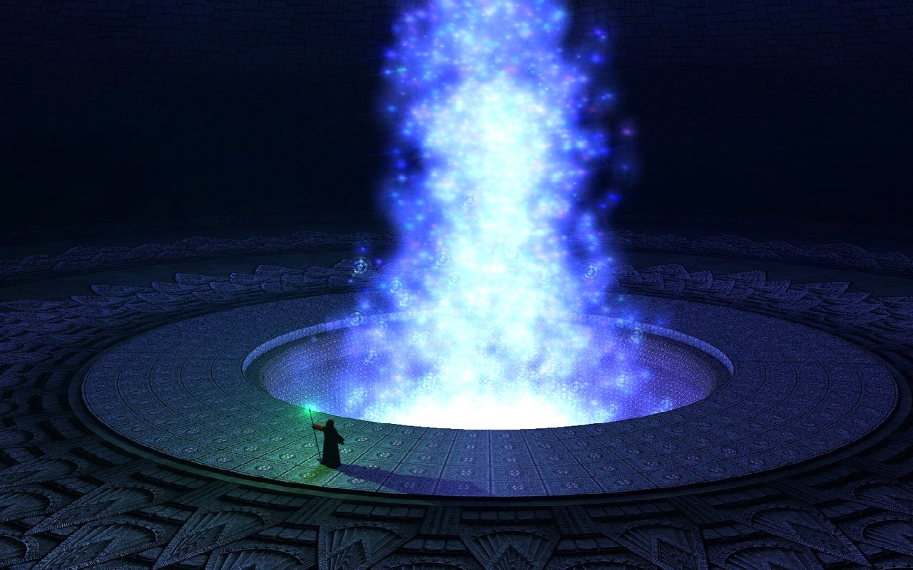 A wizard stands before a glowing portal, surrounded by intricate patterns, as a swirling column of blue energy ascends into the dark fantasy realm.