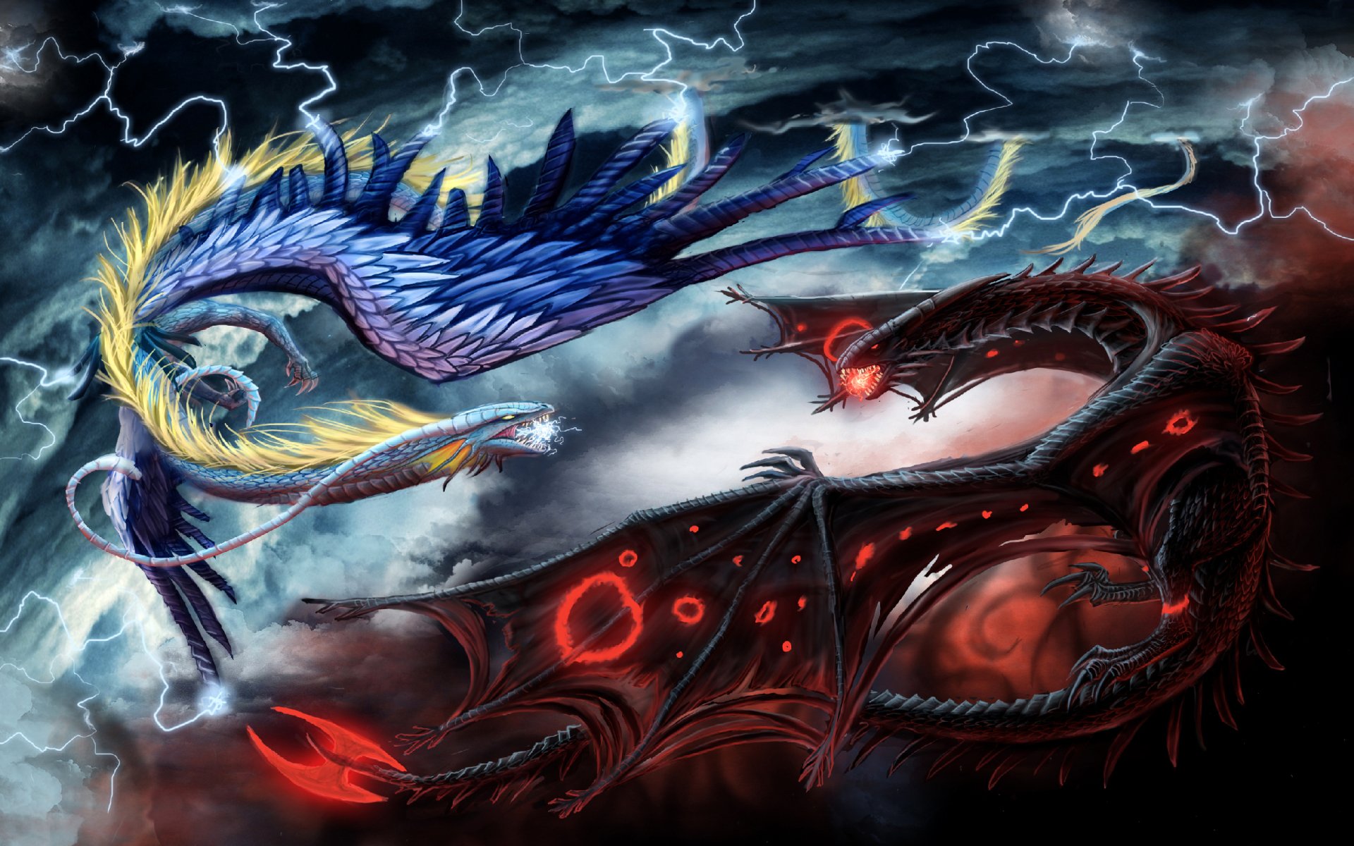 A fantasy scene featuring two dragons—one blue and gold, the other black and red—engaged in a fierce battle amidst a stormy, lightning-filled sky.